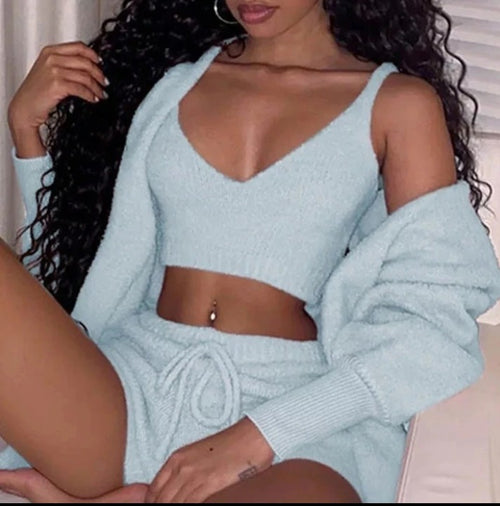 3pcs Womens Clothing Long Sleeve Crop Tank Top And Drawstring Shorts Pajama Set