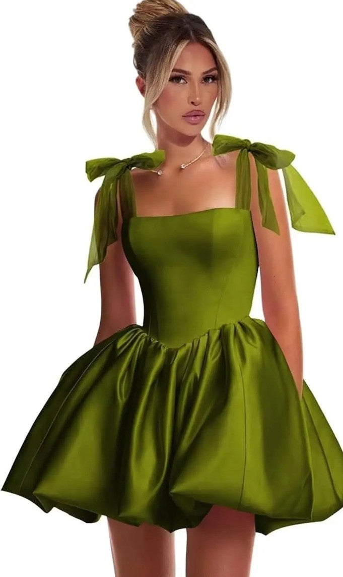 Short, Waist-cinching Satin Puff Skirt With Tie Shoulder Straps, Slimming Fit