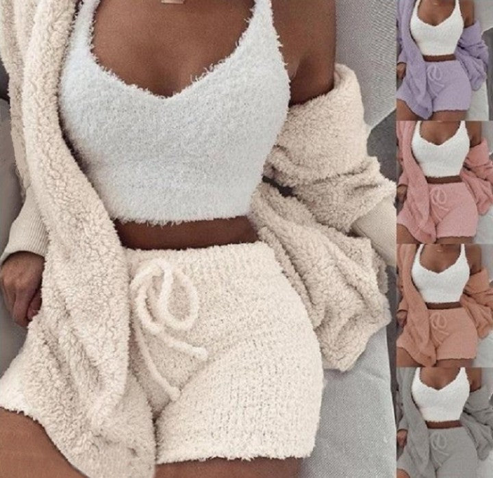 3pcs Womens Clothing Long Sleeve Crop Tank Top And Drawstring Shorts Pajama Set