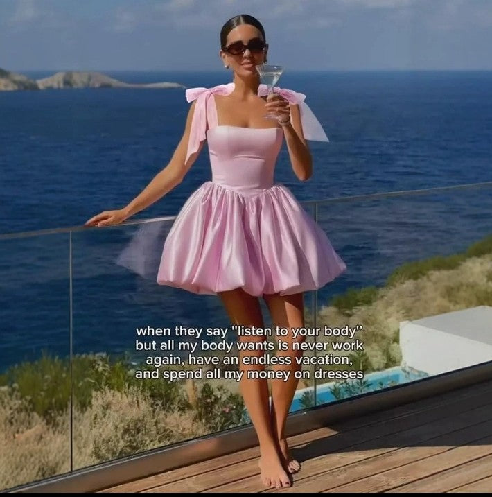 Short, Waist-cinching Satin Puff Skirt With Tie Shoulder Straps, Slimming Fit