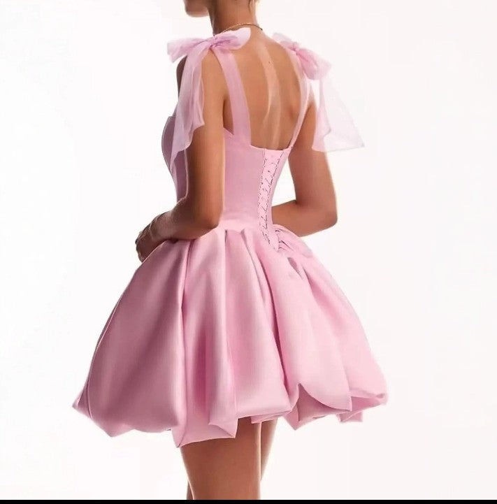 Short, Waist-cinching Satin Puff Skirt With Tie Shoulder Straps, Slimming Fit